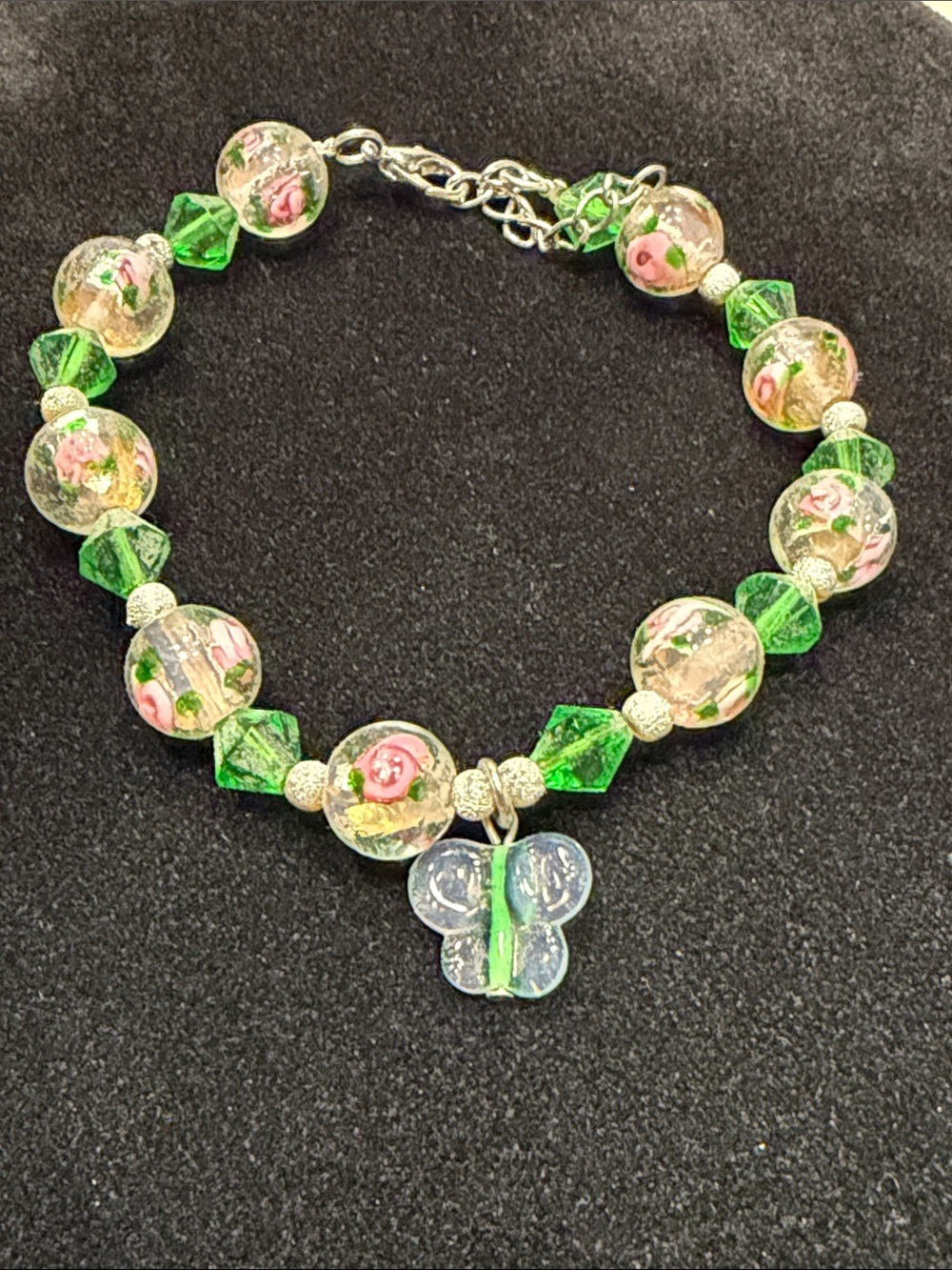 Vintage lampwork floral crystal handmade green glass rose beads butterfly charm